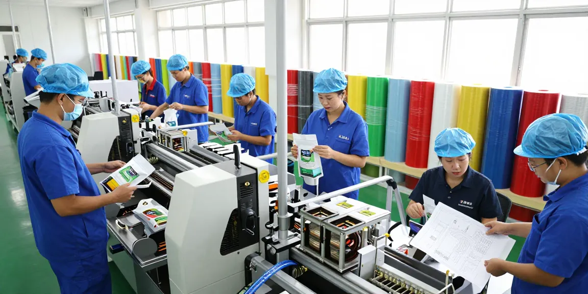 Custom stand up pouch production in a vibrant, eco-friendly packaging facility.