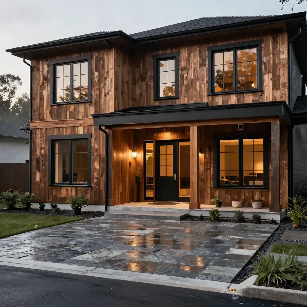Modern custom home entry under construction with cedar siding, black frames and stone landing in rain mist.