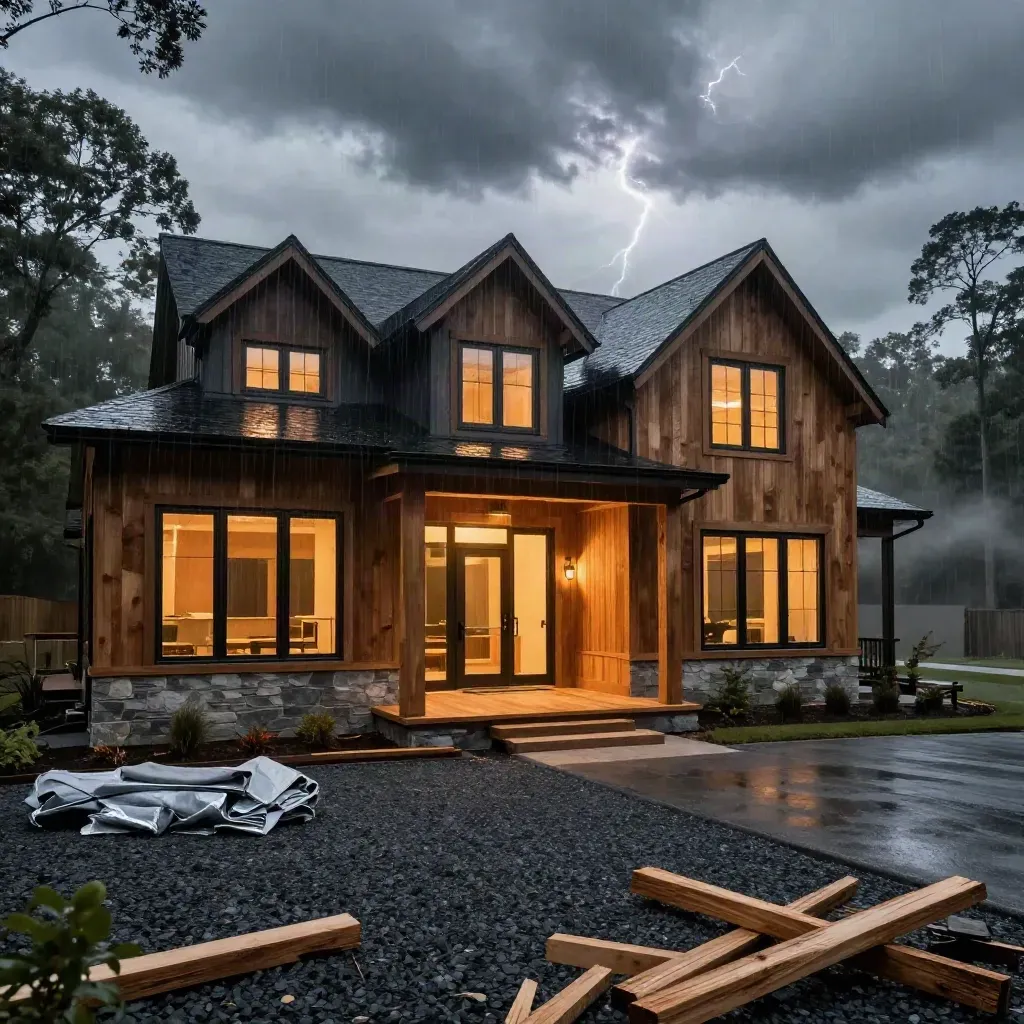 Partially finished luxury custom home at dusk with cedar cladding, black windows and warm entry glow.