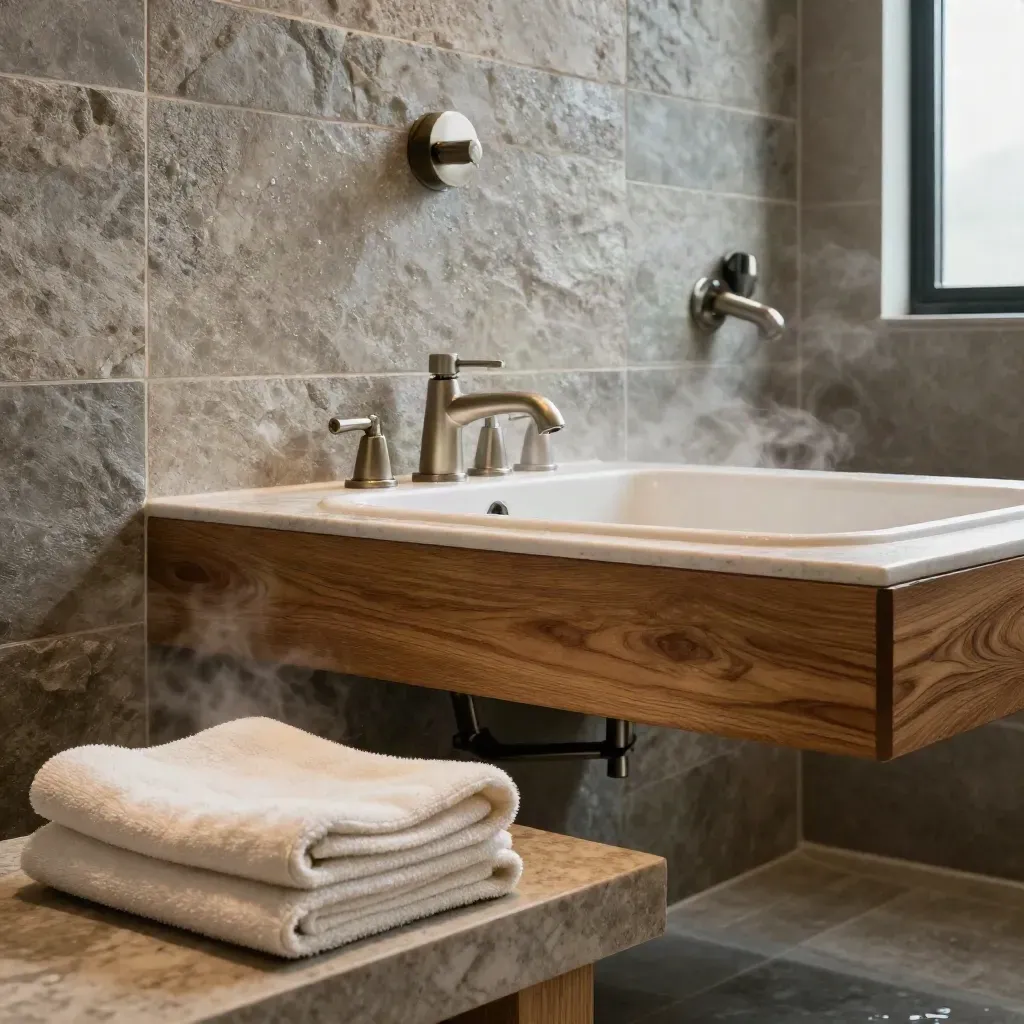 Spa bath detail with stone shower wall, oak vanity, nickel fixtures, towels, and lingering steam.