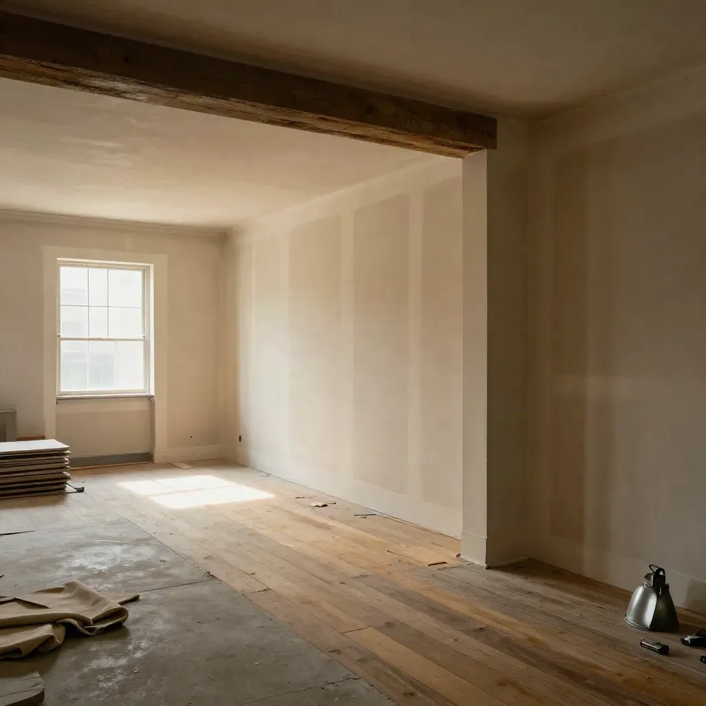 Gutted open-plan home renovation with drywall, reclaimed floors and a new beam.