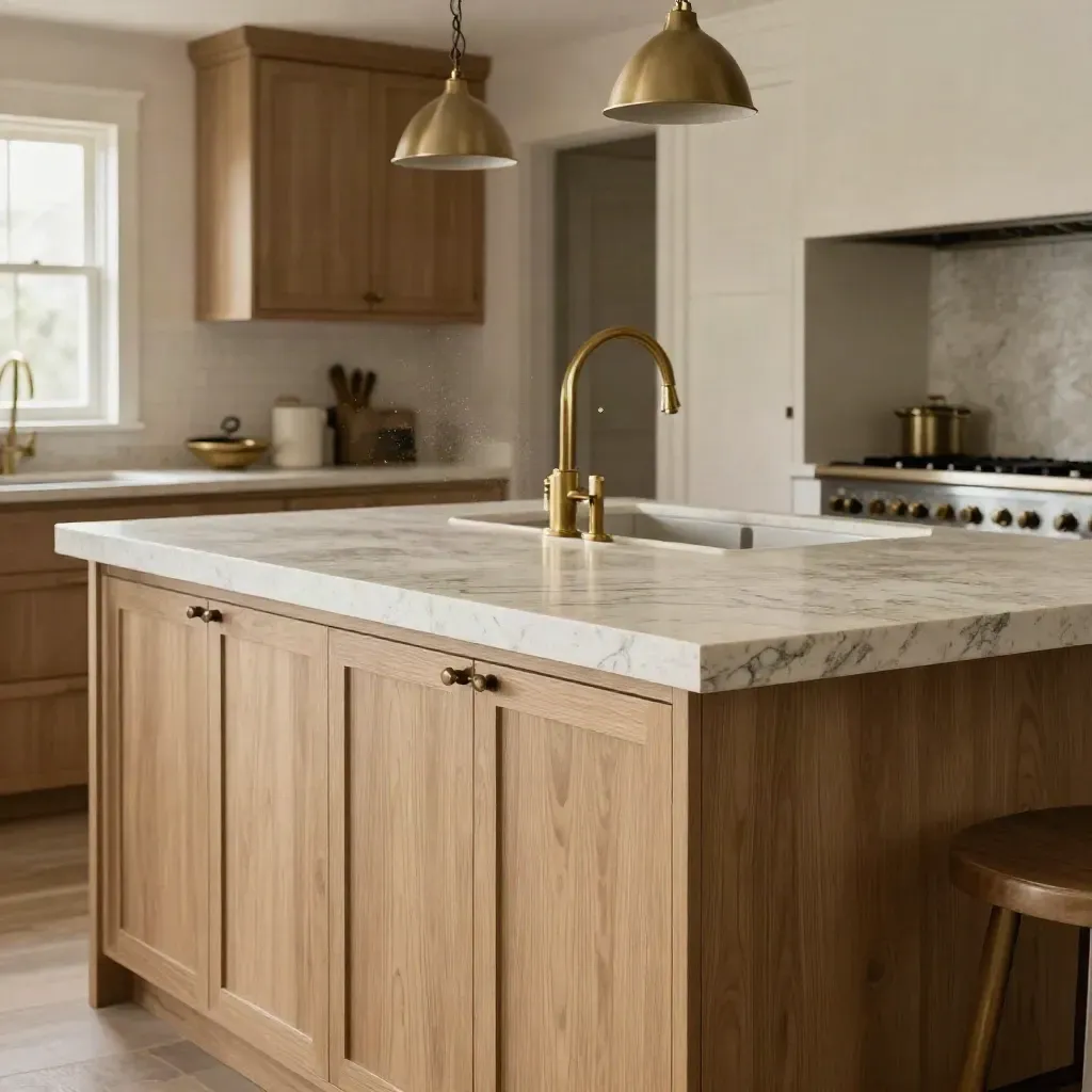 Nearly finished kitchen remodel with quartz island, inset cabinets, brass pendant housings, and drifting sawdust.