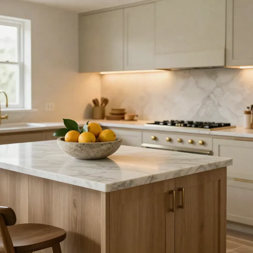Luxury finished kitchen with quartz counters, citrus bowl, and warm lights coming on
