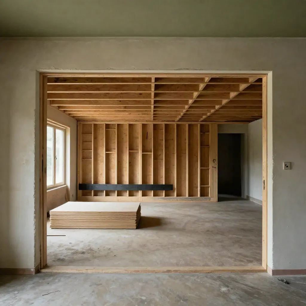 Seamless room addition framing joins an older home, dust haze and warm side light