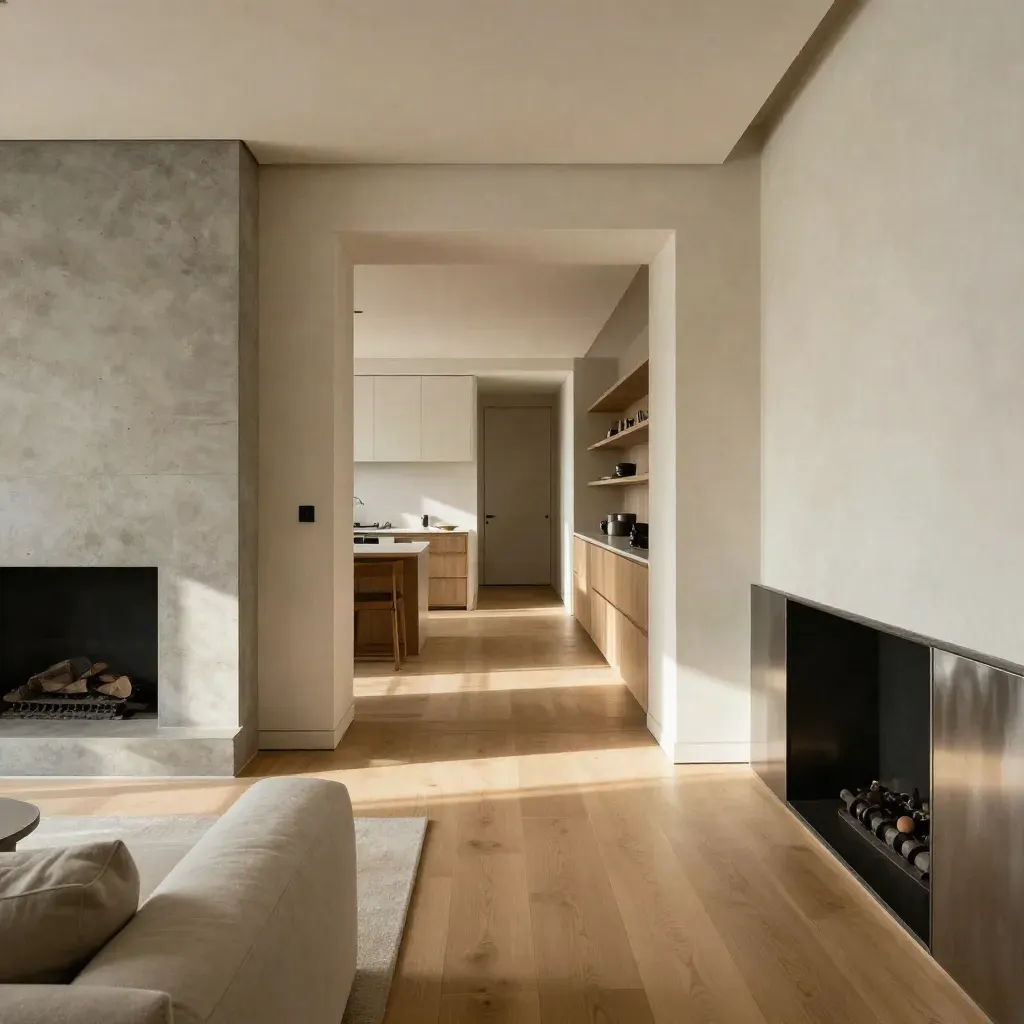 Bright open-plan home interior with oak floors, wide openings, and kitchen-to-living sightline
