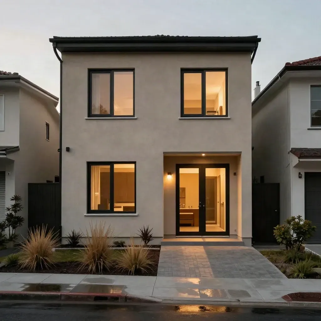 Slim two-story custom home between tight lots at dusk, with black windows, stucco, and warm lit windows.