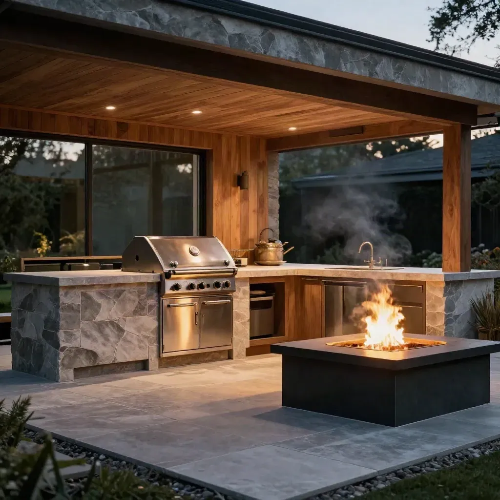 Covered outdoor kitchen with stone counters, grill, cedar soffit, and glowing fire pit at dusk