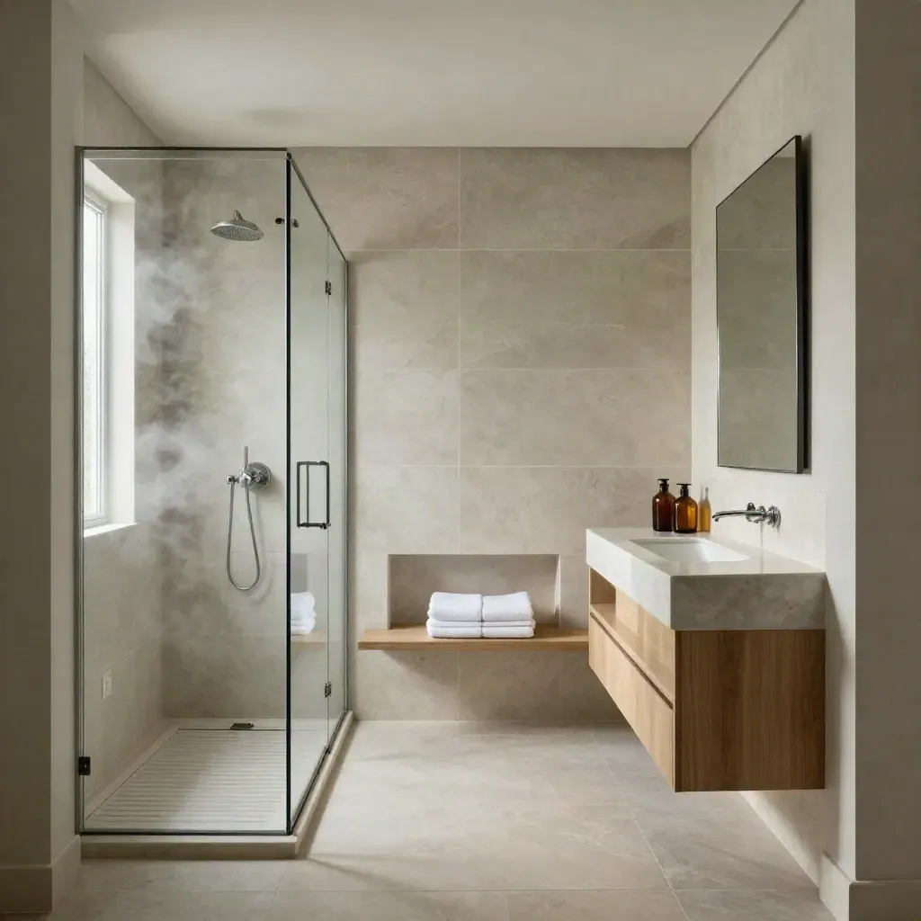 Spa-like primary bath with shower, floating vanity, mirrored wall, and steam haze.