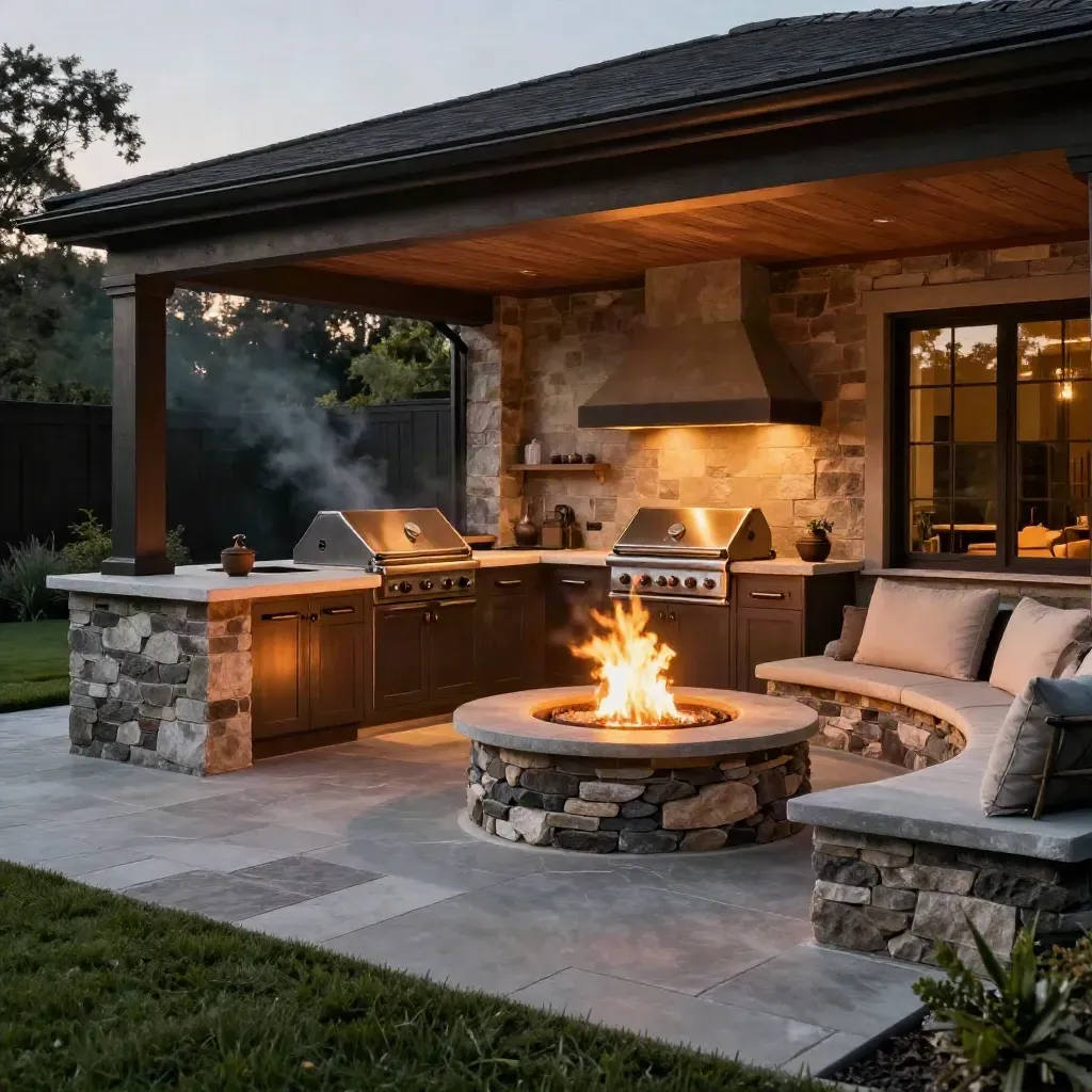 Finished backyard with covered outdoor kitchen, stone fire pit, and built-in grill at dusk.