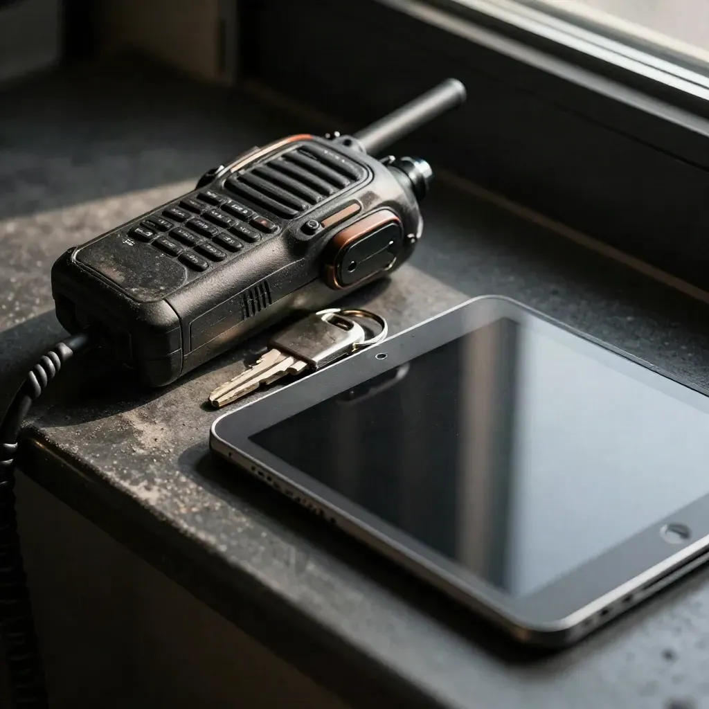 Cordless radio, sealed tablet, and metal key fob on a dark shelf, lit in moody macro.
