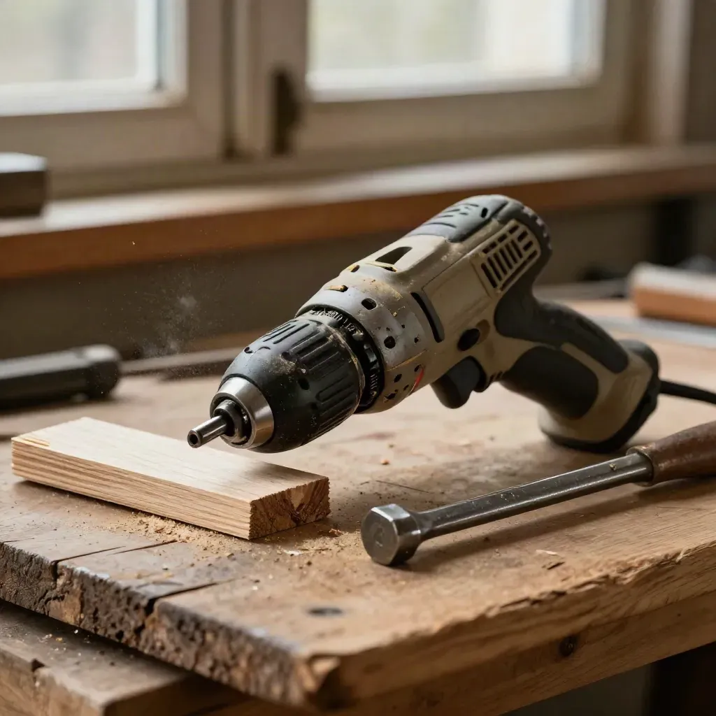 Macro of impact driver, oak shims, and pry bar on a dusty timber bench.