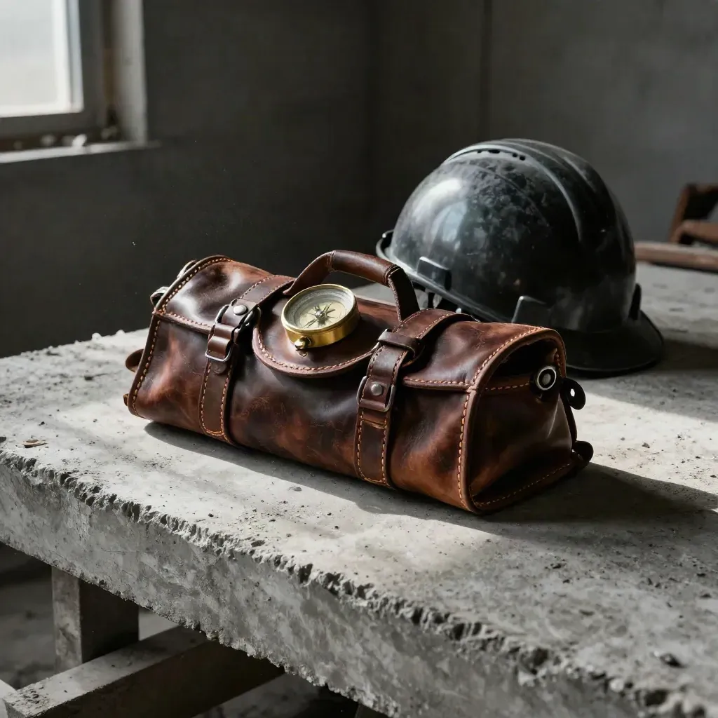 Leather tool roll, brass site compass, and black hard hat on a dusty concrete slab.