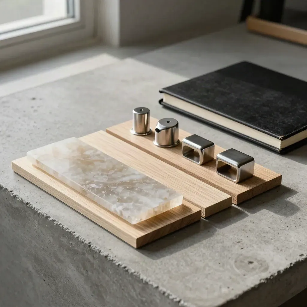 Quartz, oak, and brushed hardware samples beside a closed notebook on concrete.