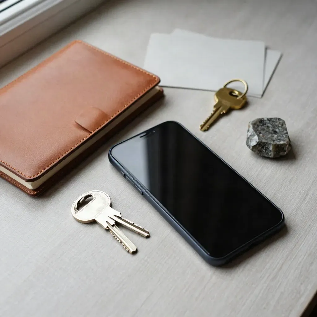 Overhead flatlay of a face-down phone, leather notebook, brass keys, and stone sample on pale wood.