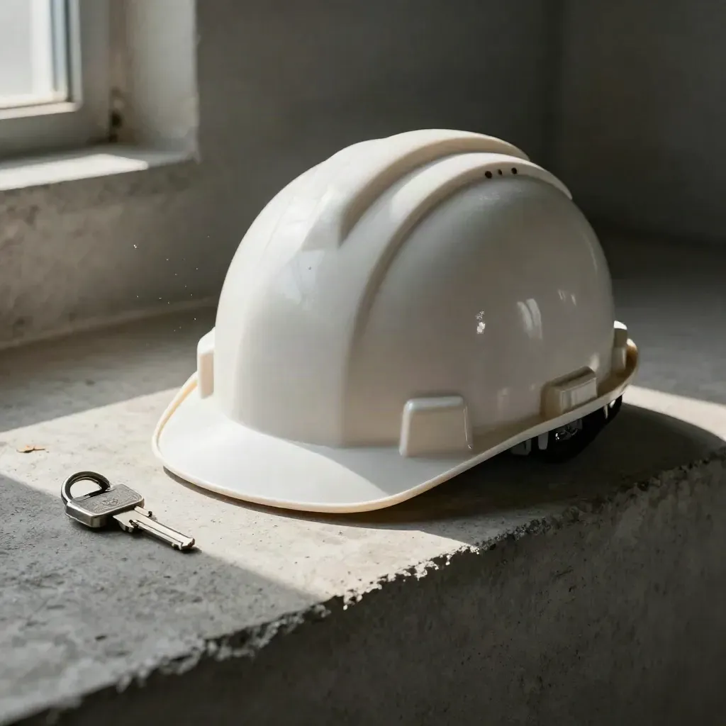 Hard hat, site flashlight, and key on a concrete ledge in cinematic low light.