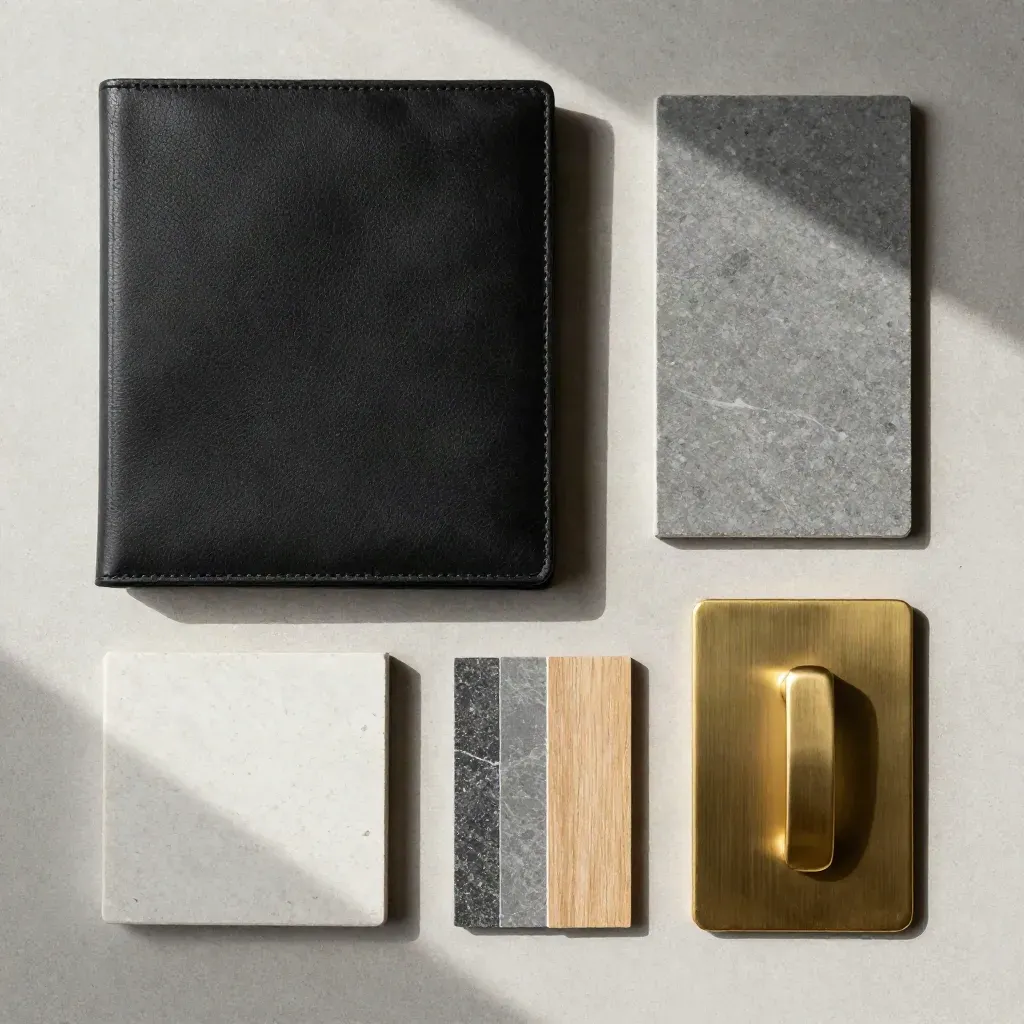 Overhead flatlay of binder, material chips, and brass door pull on concrete.