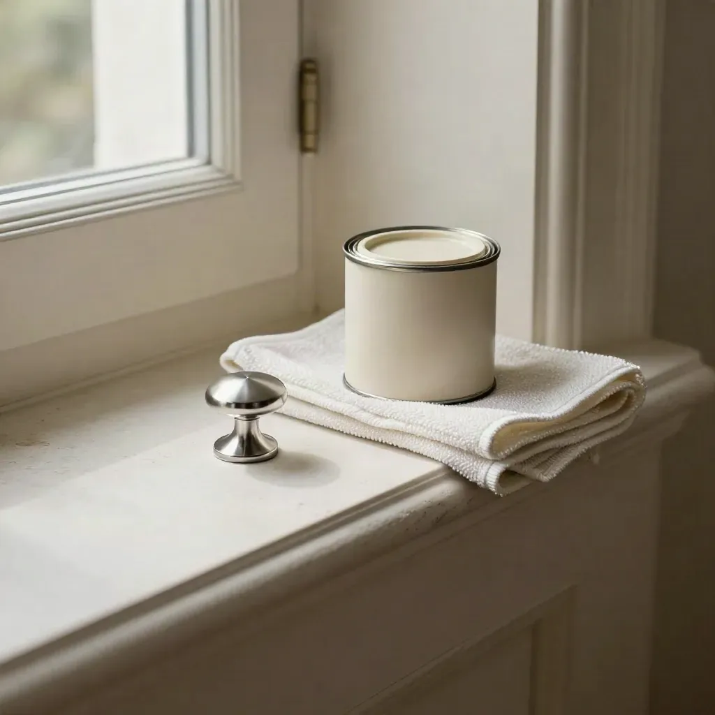 Cabinet knob, touch-up paint can, and microfiber cloth on a finished threshold