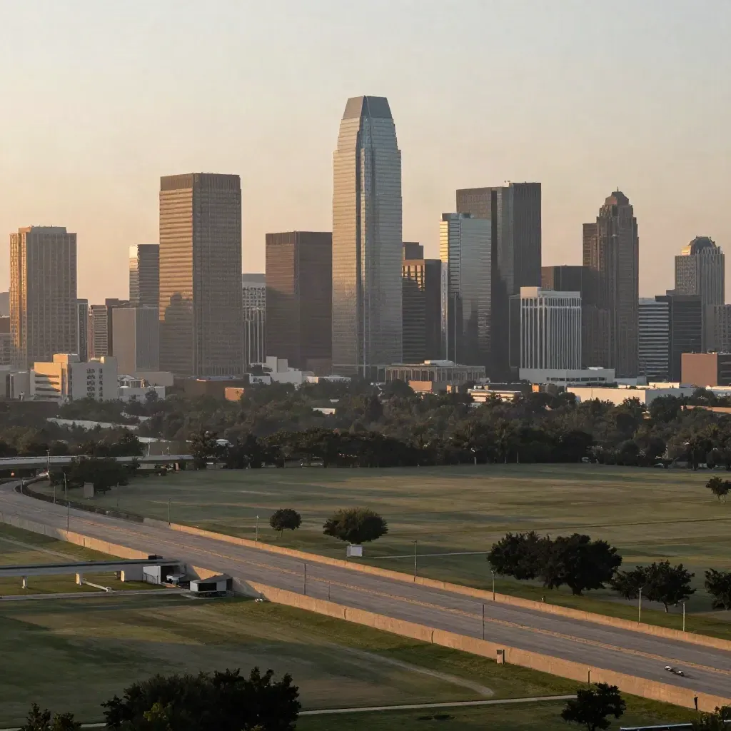 Hazy Dallas skyline above a quiet greenbelt and freeway at sunset