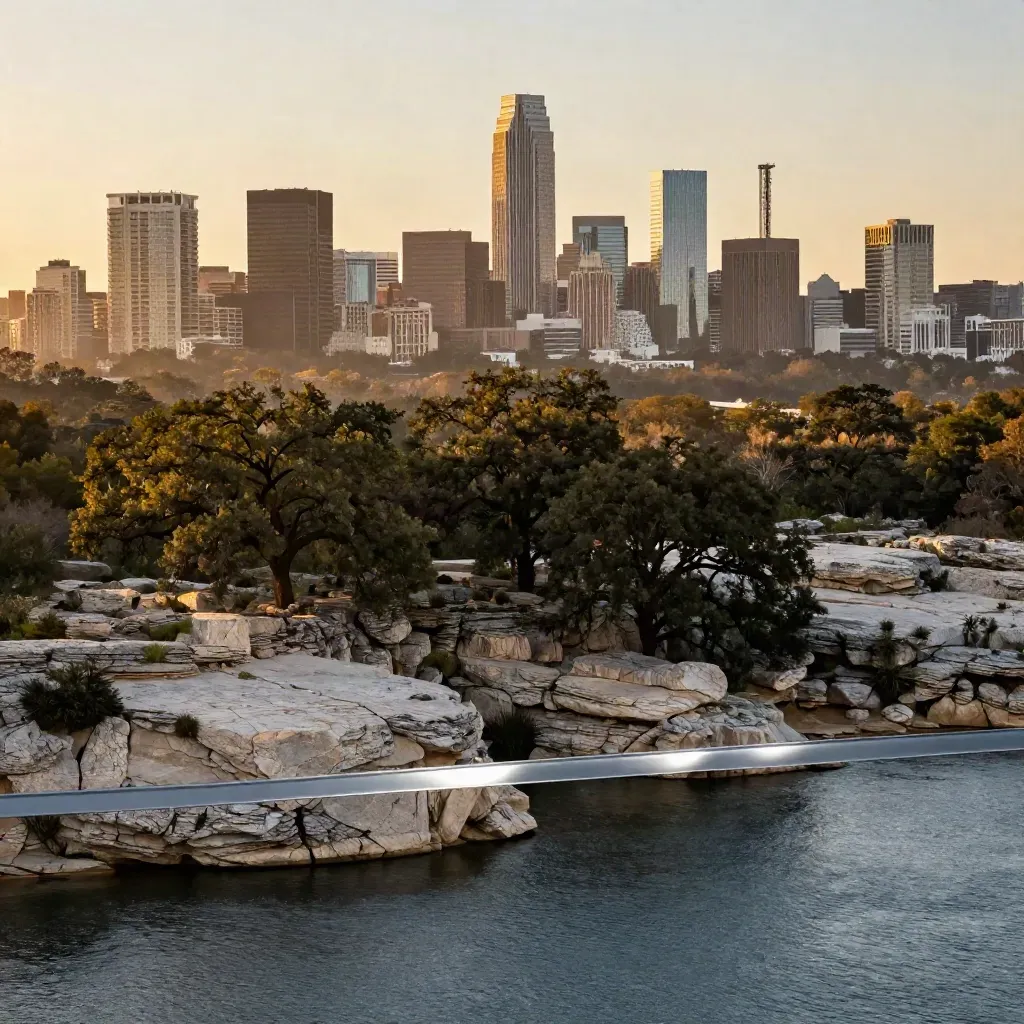 Golden-hour Austin skyline above limestone hills and live oaks with a calm river foreground.