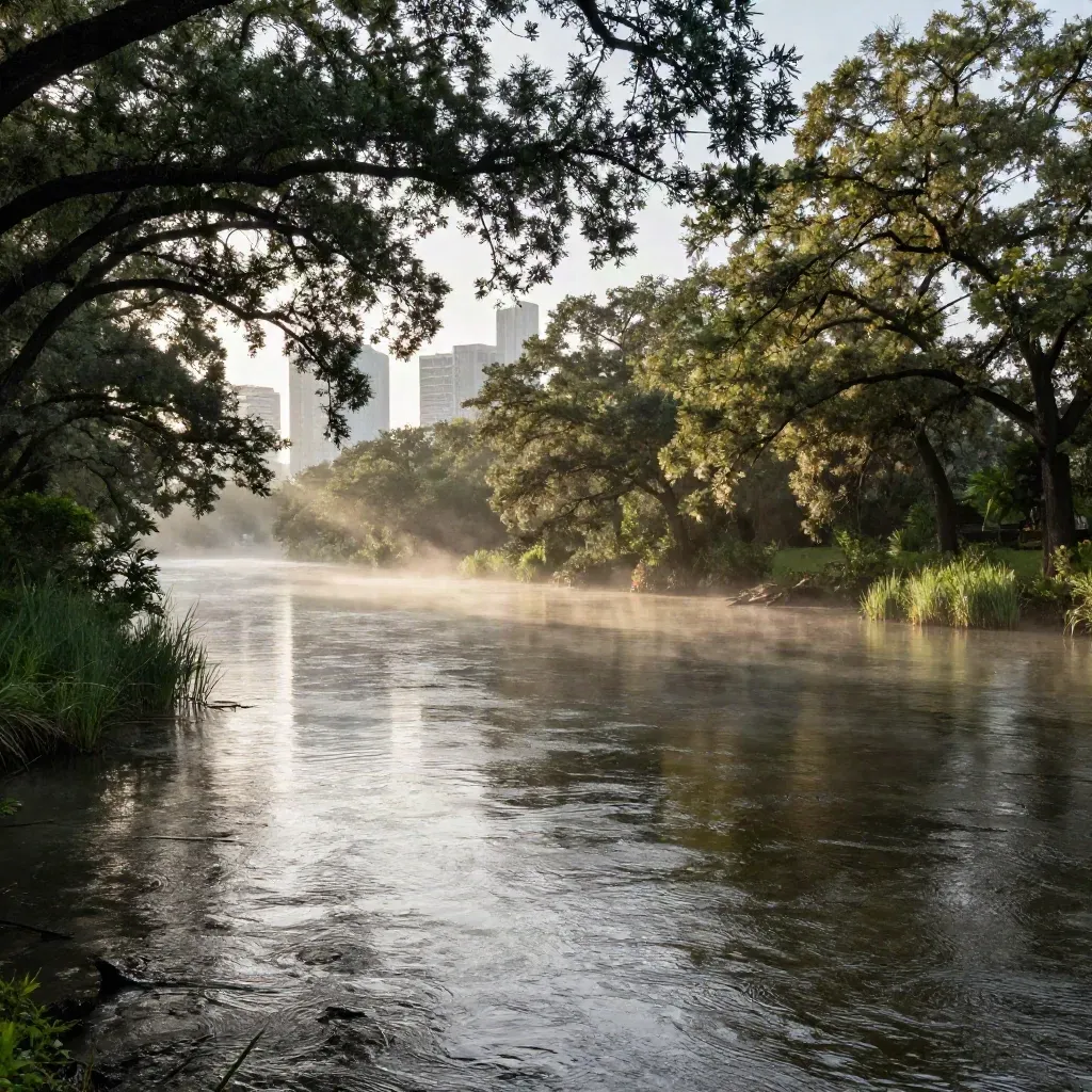 Humid Houston bayou edge with oaks, distant towers, water mist, and post-rain light