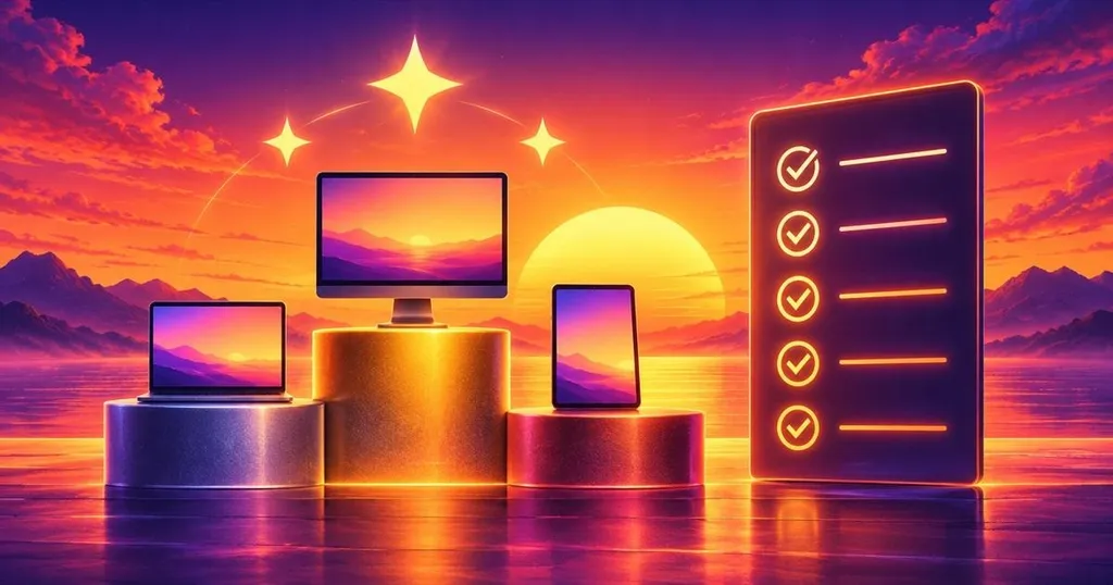 Podium with three screens and a checklist, showing a buyer's checklist for the best IPTV subscription in 2026