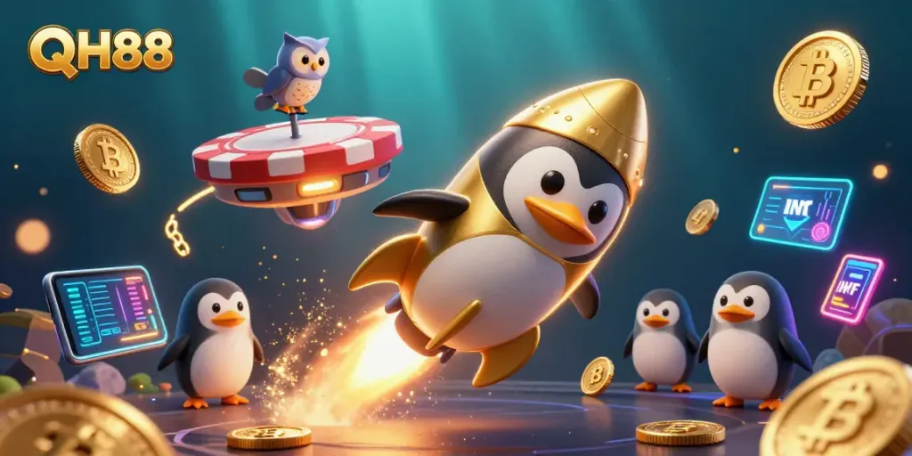 Experience the thrill of QH88 with a golden penguin in a vibrant casino galaxy.