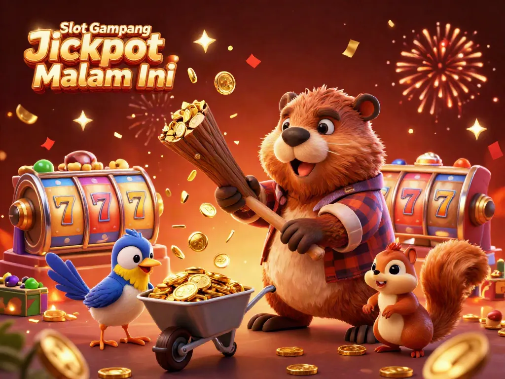 Permainan Slot Gampang Jackpot Malam Ini dengan karakter beaver yang mengumpulkan koin emas di latar belakang kasino yang cerah.