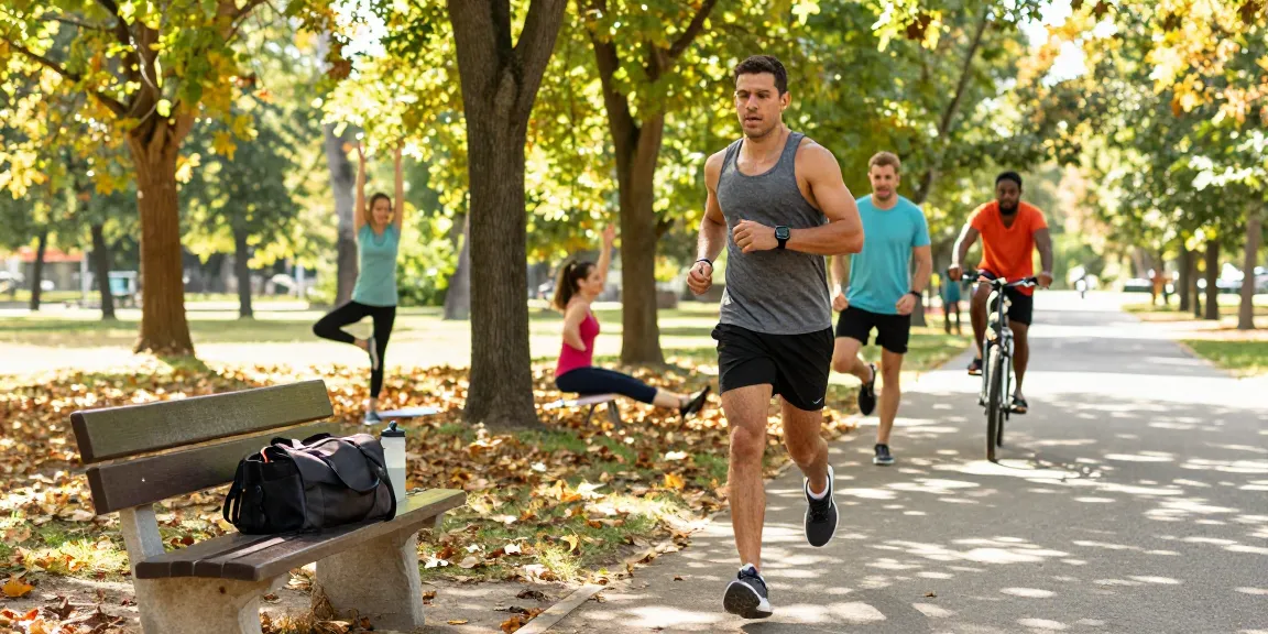 Runner using a health tracker during outdoor exercise in a vibrant park setting.