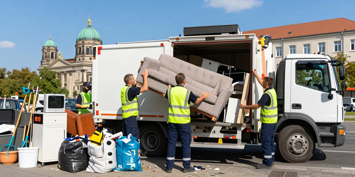 Sperrmüllabholung 80 Euro Berlin team efficiently collecting furniture and waste in a bustling urban environment.