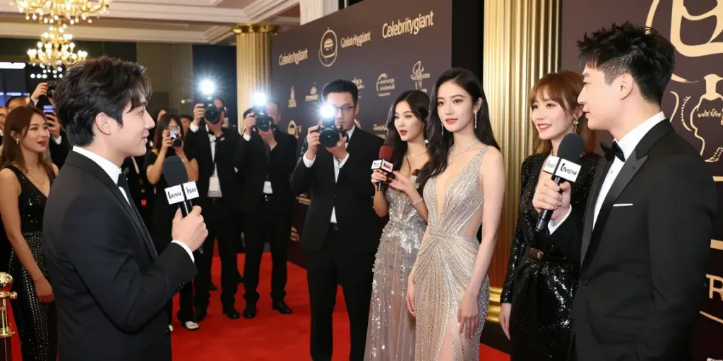 Celebritygiant red carpet event showcasing glamorous celebrities and excited fans.