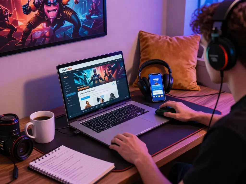 ROKOK88 login on a laptop in a vibrant gaming space, showcasing accessories and a cozy atmosphere.