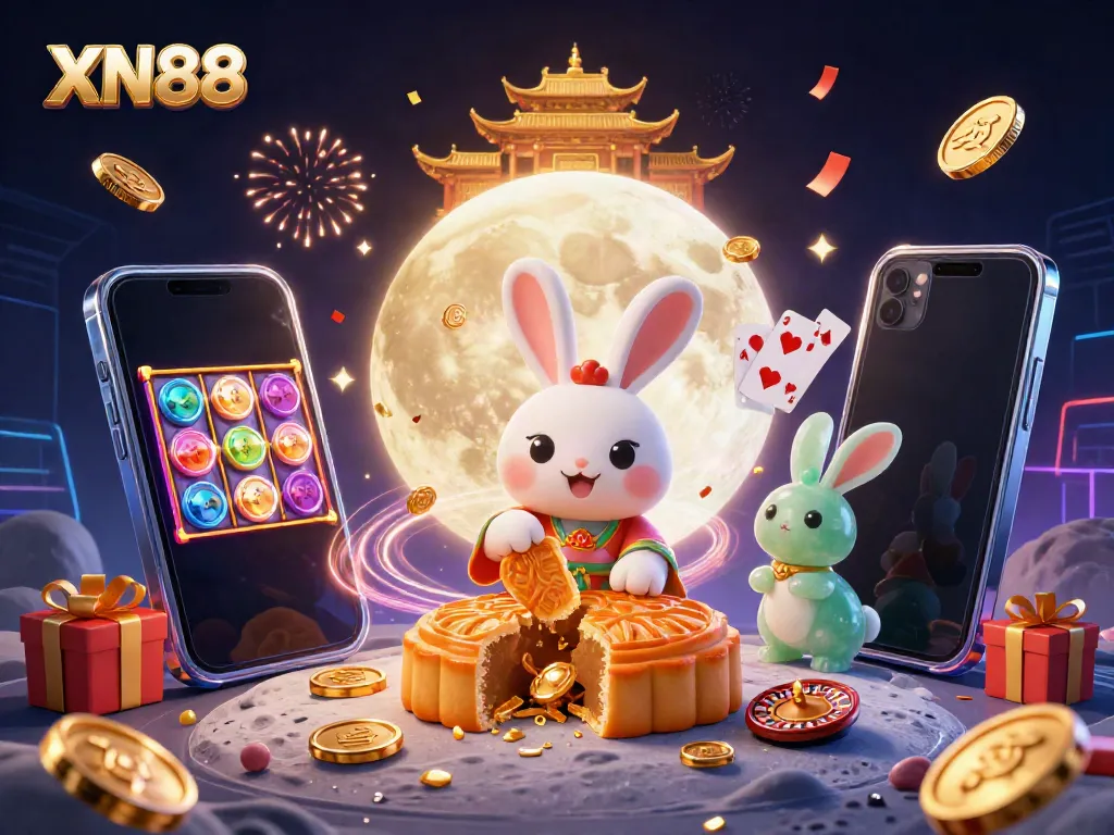 Experience XN88 with a festive casino scene featuring moon rabbits and vibrant gaming elements.