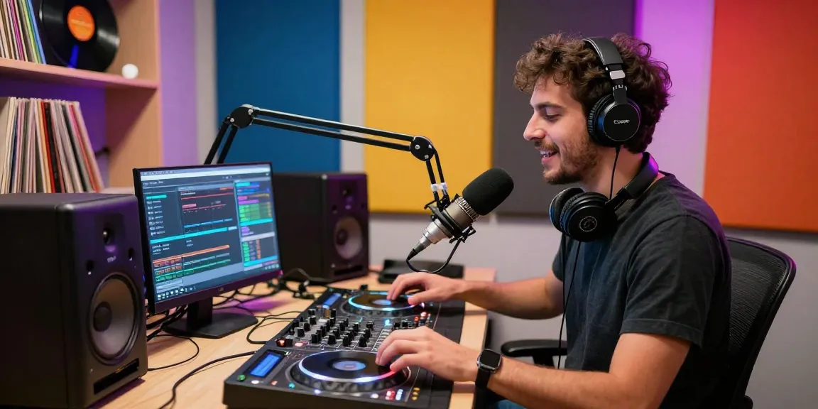 BlastFM story showcased in a vibrant radio studio with a DJ broadcasting live music.