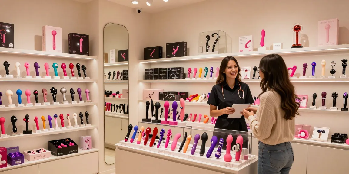 成人用品商店內充滿色彩的情趣玩具展示，友好的店員在協助顧客，營造出舒適自在的購物環境。