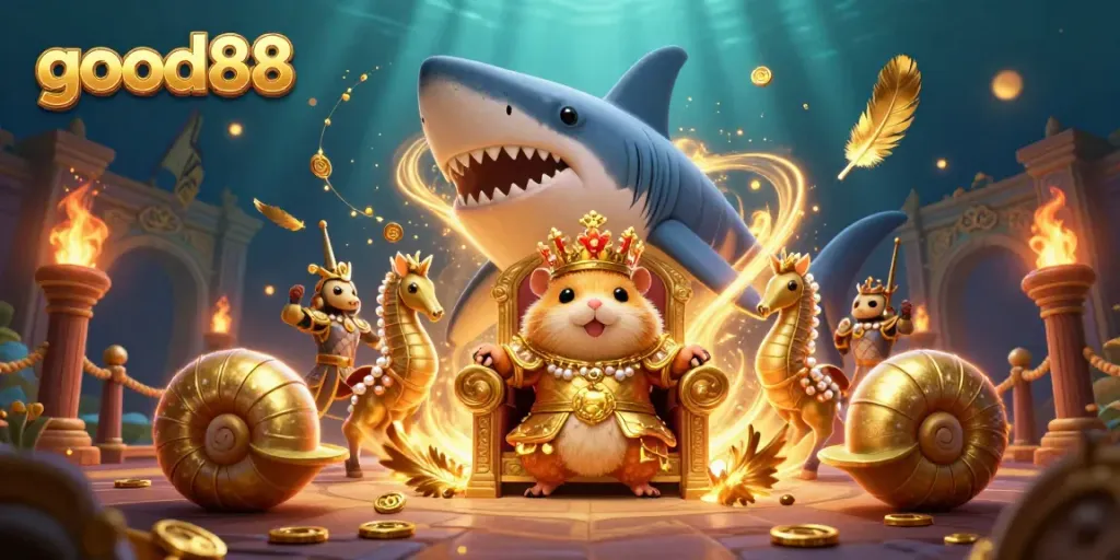 Engage with exciting good88 gaming adventures featuring a golden hamster king on a megalodon throne.