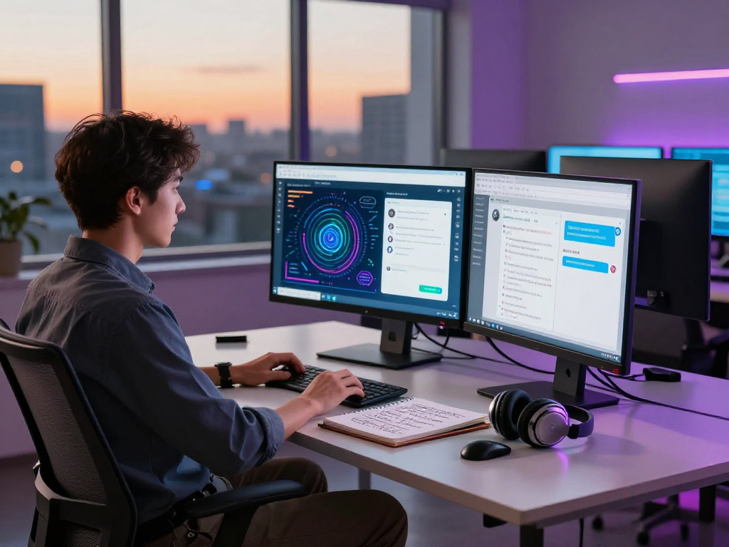 Engaging ai nsfw chat development scene with a data scientist in a digital workspace.