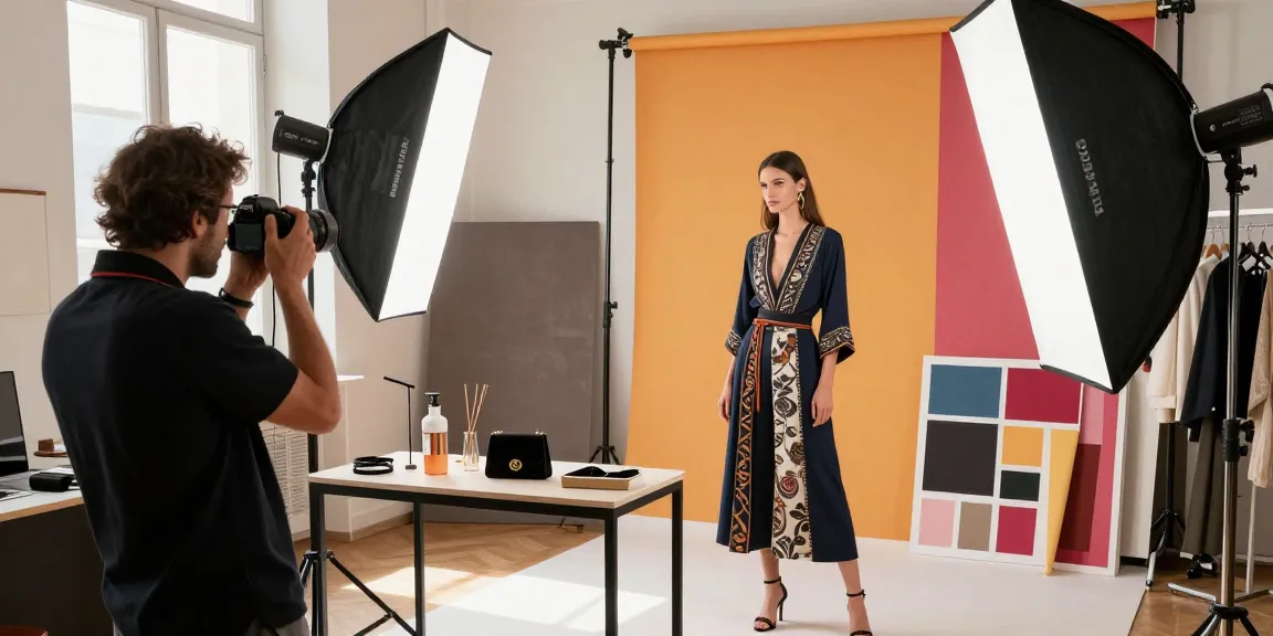 Session photo dans un studio photographique Milan avec modèle en vêtements de créateur.
