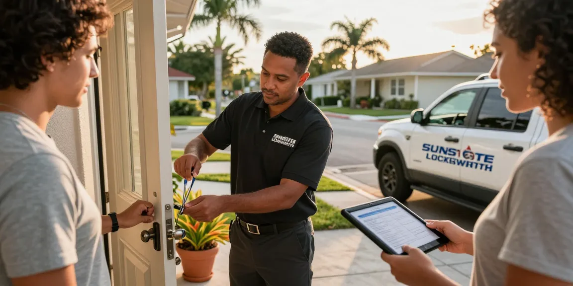 Fort Lauderdale locksmith assisting a homeowner with lock repair, showcasing friendly service and professionalism.