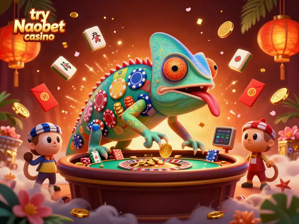 Experience excitement at try Naobet casino with our vibrant 3D illustration of a colorful chameleon casino owner.