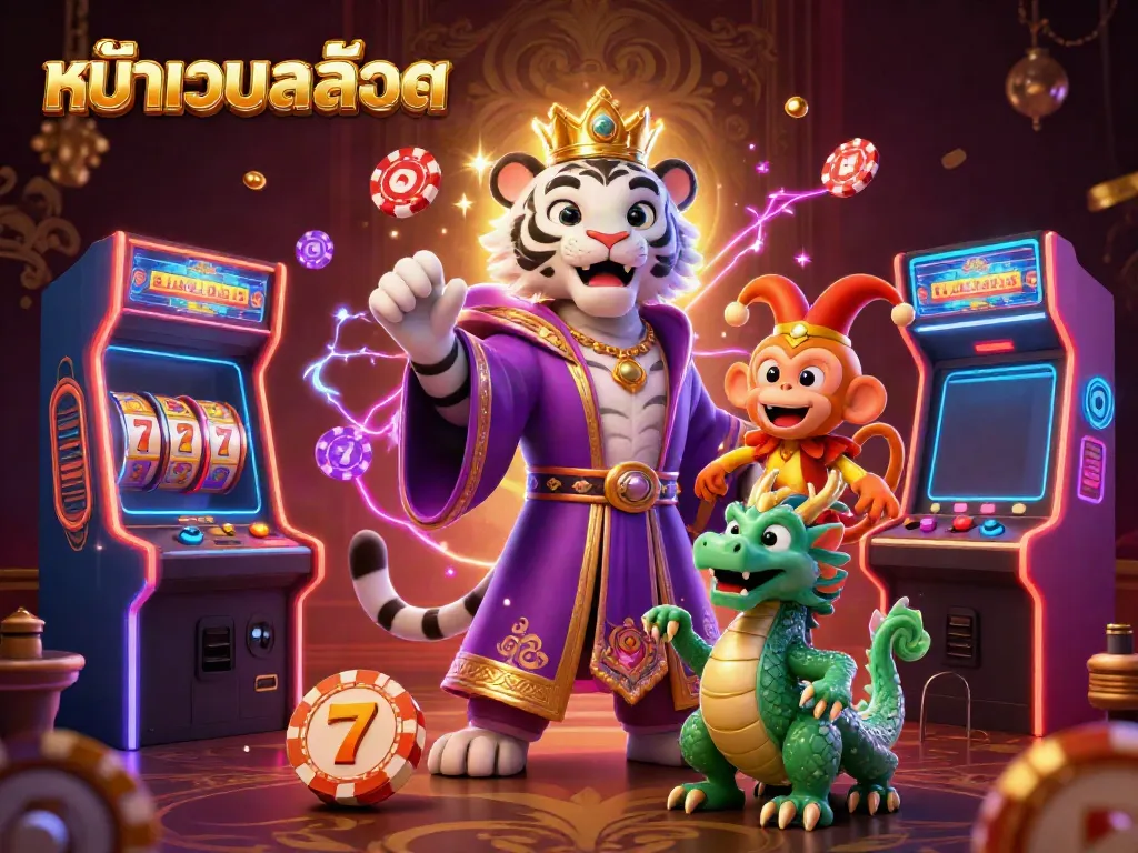 The vibrant scene of หน้าเว็บสล็อต showcasing a tiger and monkey amidst slot machines and neon lights, capturing casino excitement.