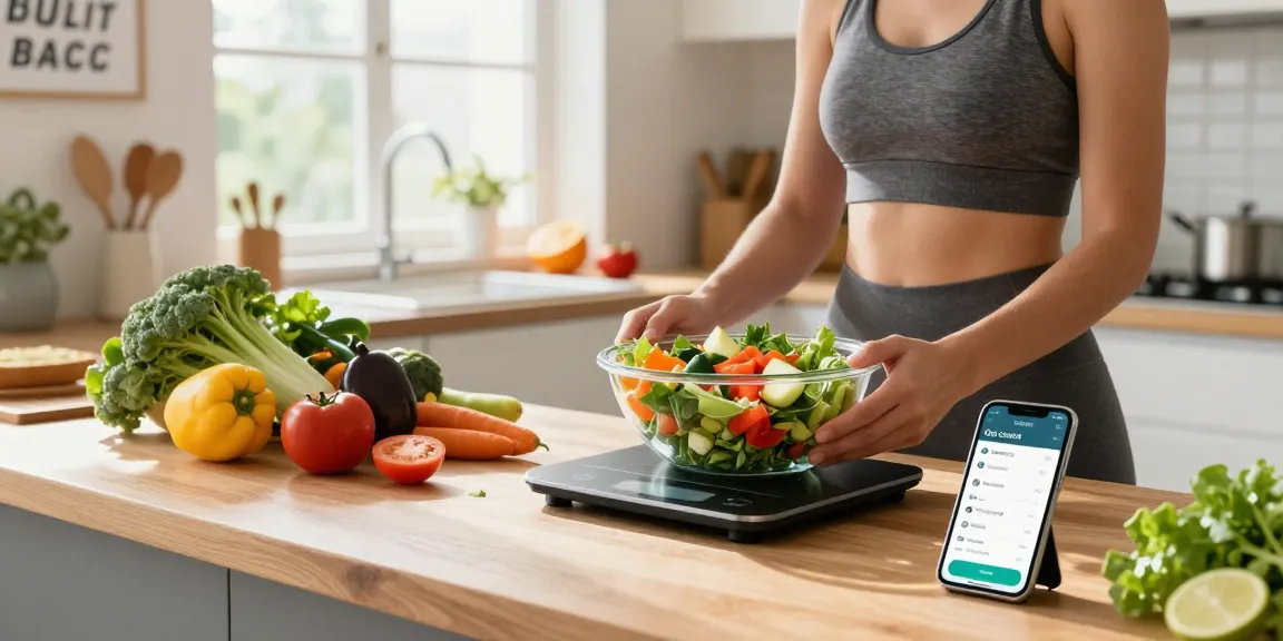 Person measuring salad portions with the best calorie tracker app open, bright kitchen ambiance.