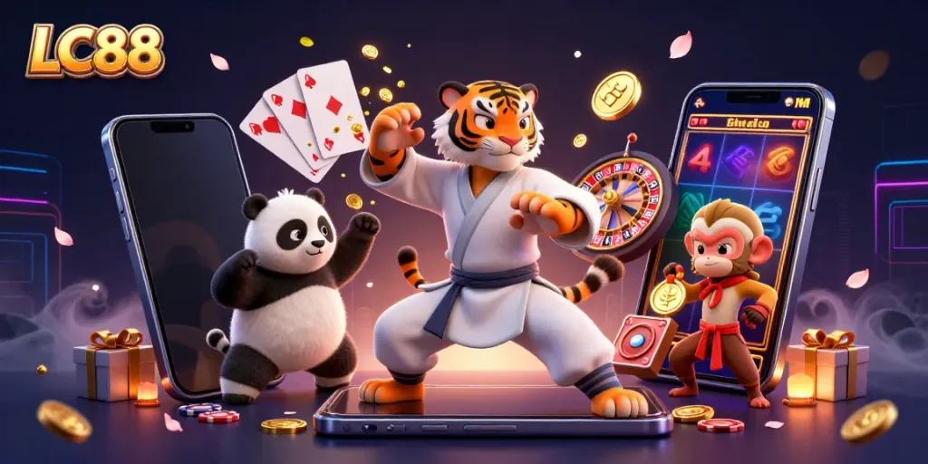 Experience thrilling gaming action at LC88 with a kung fu tiger master and playful characters amidst vibrant casino elements.