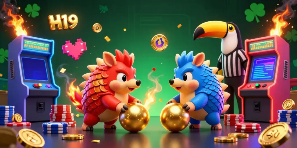 Engage with H19's exciting gaming atmosphere featuring rival pangolins competing through poker chip stacks.