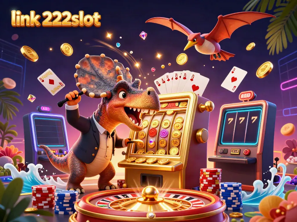 Link 222slot: Ilustrasi kasino dengan dinosaurus bermain mesin slot yang menghasilkan koin jackpot.