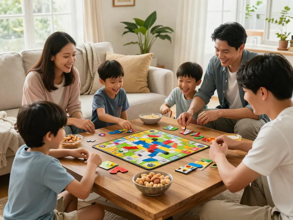 Family playing board games like Sling Puck and Qwirkle in cozy living room, promoting enjoyment and connection.