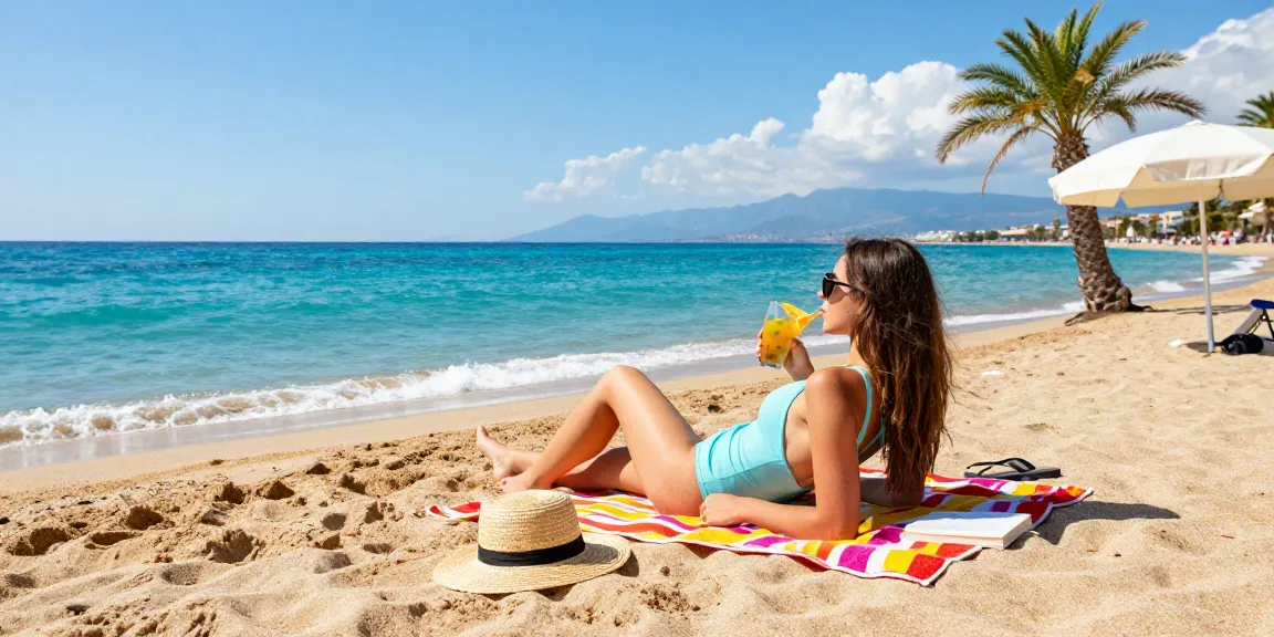 Antalya weather shows a sunny beach scene with a traveler relaxing, enjoying the warm sunshine and clear skies.