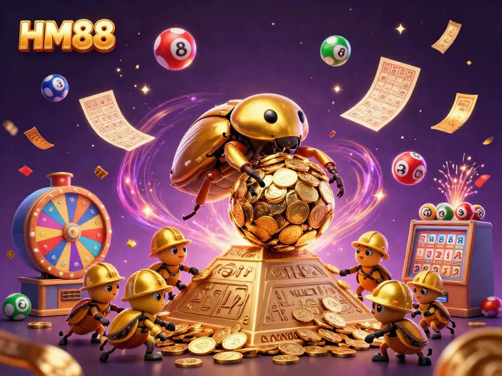 Experience the excitement of HM88 with colorful games and golden rewards in a vibrant casino scene.