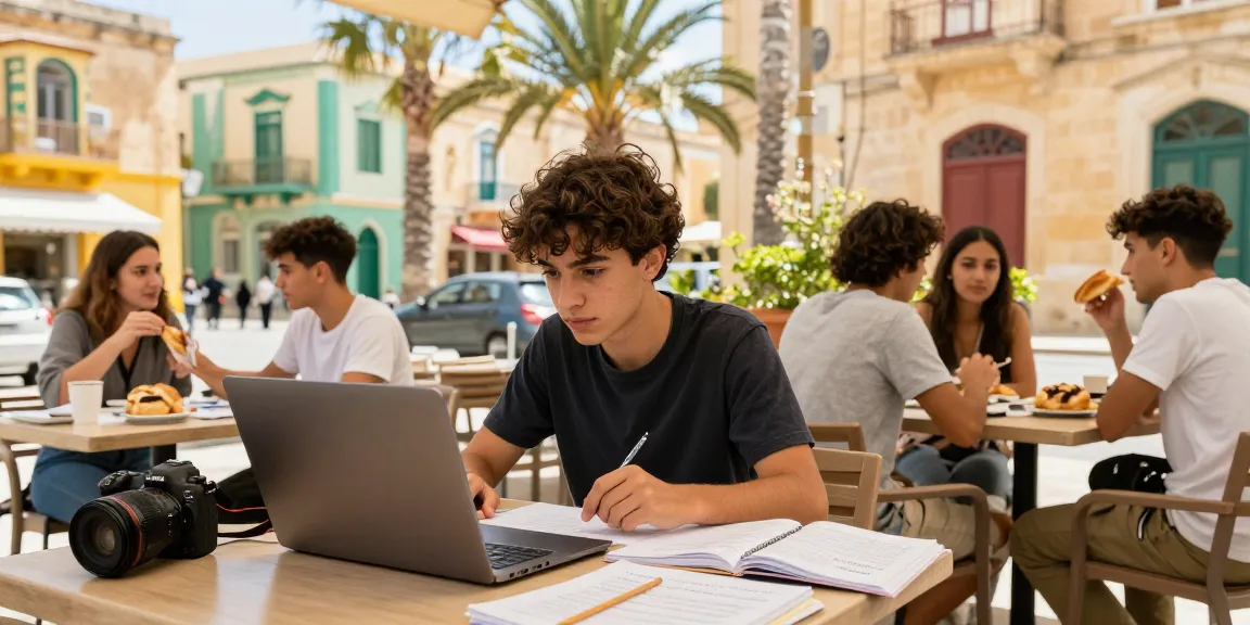 Cursos de inglés en Malta: Estudiante estudiando al aire libre en el vibrante entorno de Malta.