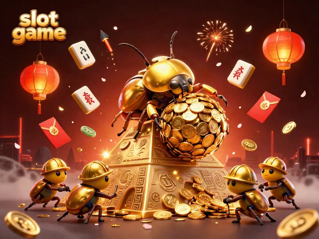 Experience thrilling slot game action with golden beetles, mahjong tiles, and festive decorations.