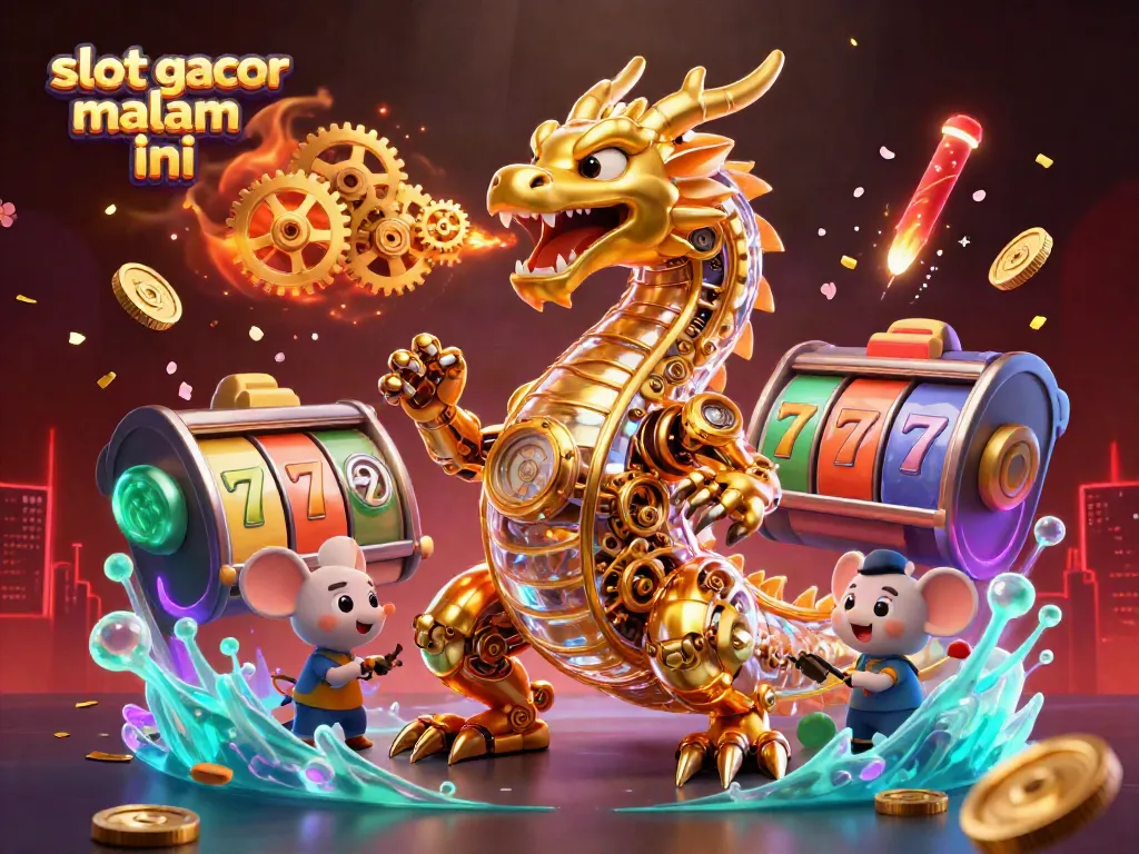 Visualisasi slot gacor malam ini dengan simbol keberuntungan, fitur menarik, dan suasana festival ceria.